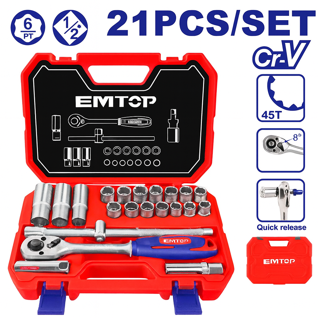 Juego de copas 1/2" de 21 piezas Cr-V con maneral de carraca y extensión de 10"