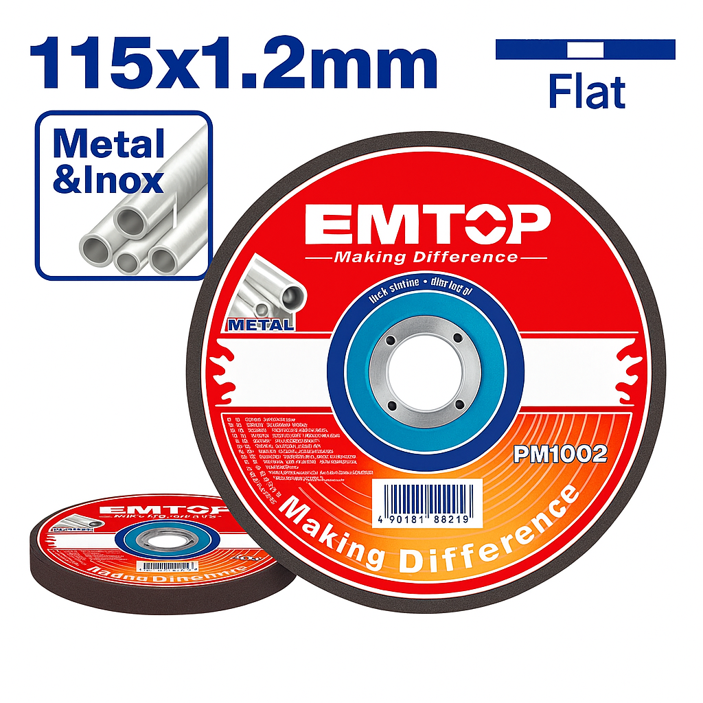 Disco de corte EMTOP para metal e inoxidable 115 mm x 1.2 mm x 22.2 mm (centro plano)