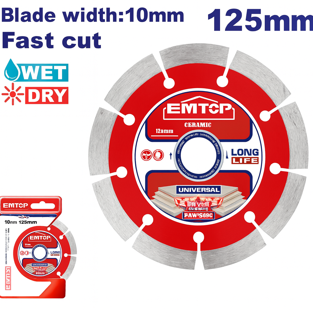Disco diamantado EMTOP seco 125 mm x 22.2 mm para corte de concreto, ladrillo y piedra