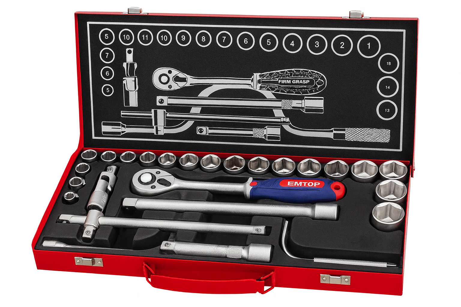 Juego de copas 1/2" de 24 piezas Cr-V con maneral de carraca, extensiones y caja metálica