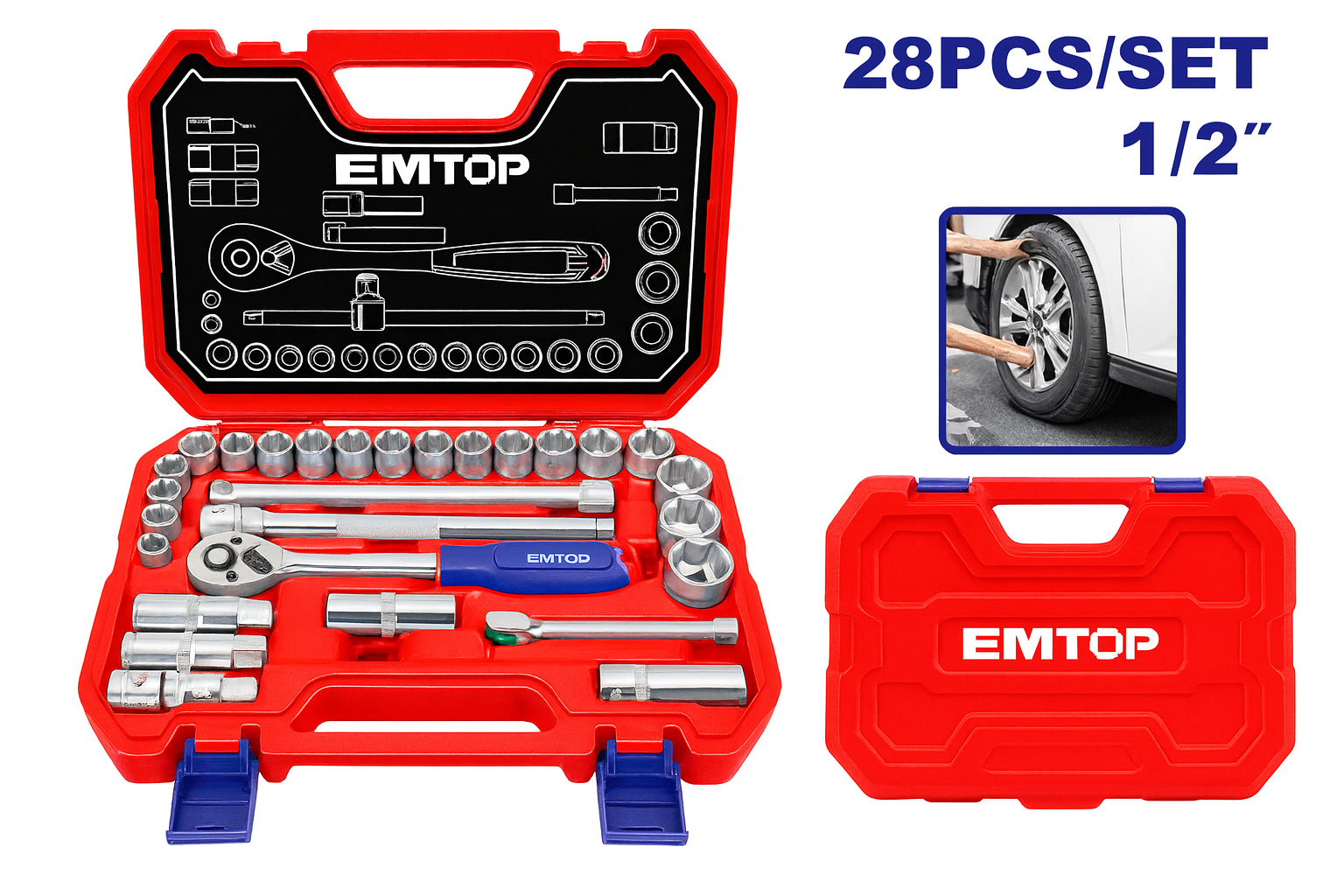 Juego de copas 1/2" de 28 piezas Cr-V con maneral de carraca 45T, extensiones y maletín BMC