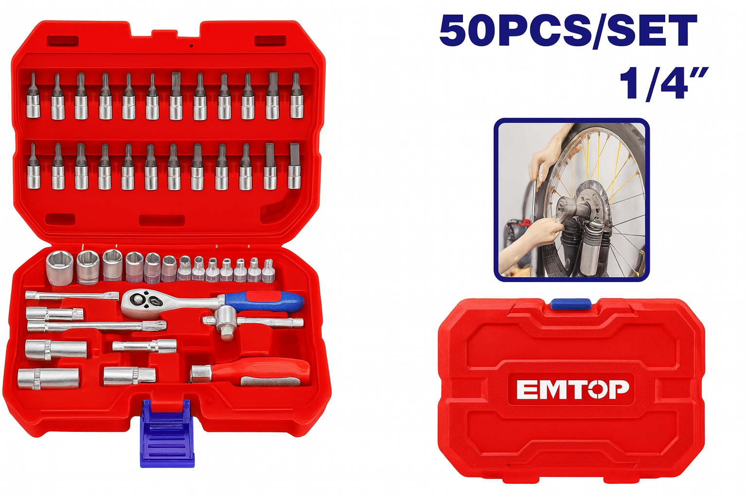 Juego de copas 1/4" de 50 piezas Cr-V con maneral de carraca, extensiones y estuche de plástico
