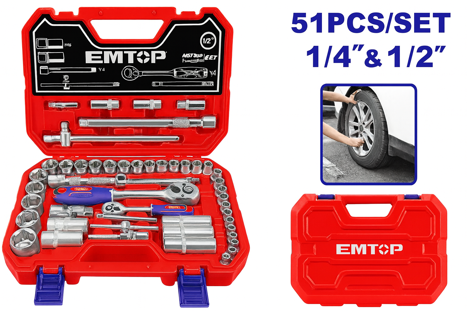 Juego de copas 1/4" + 1/2" de 51 piezas Cr-V con manerales de carraca y extensiones