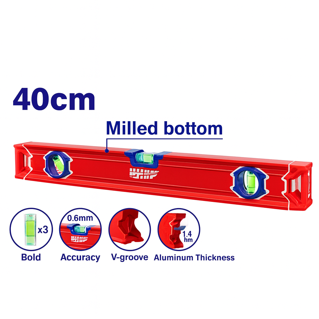 Nivel de burbuja de 40 cm con base fresada doble y ranura en V para superficies curvas