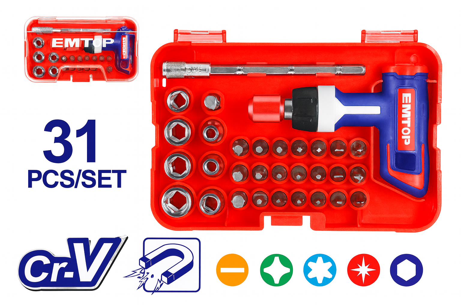Juego de destornilladores y llaves con mango en T de 31 piezas
