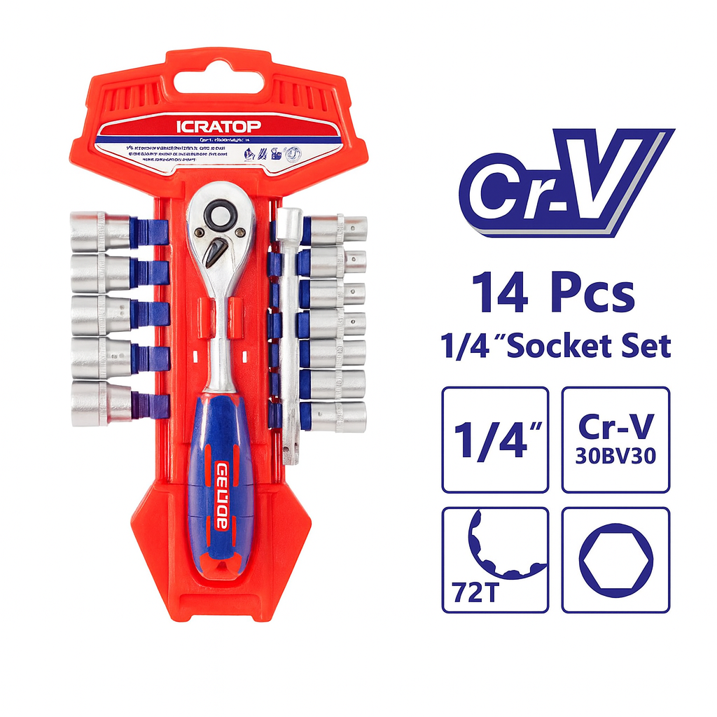 Juego de copas 1/4" de 14 piezas Cr-V con maneral de carraca 72T y extensión de 100 mm