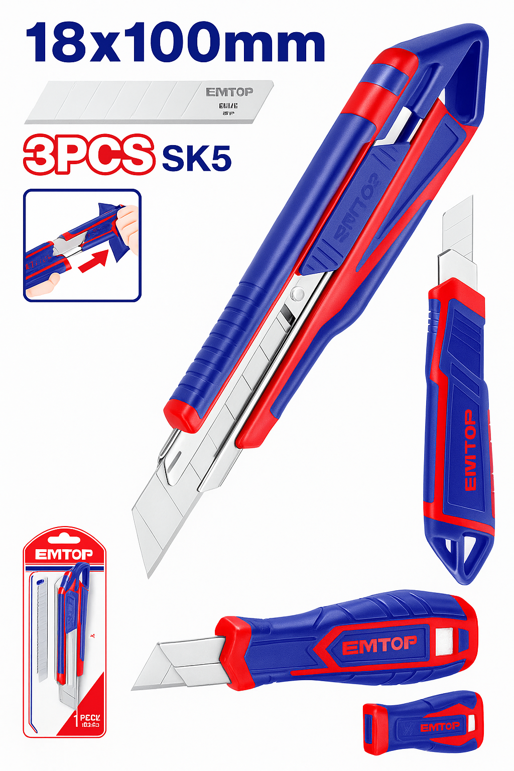 Cúter retráctil de 18 mm con 3 hojas SK5 y botón plano deslizante