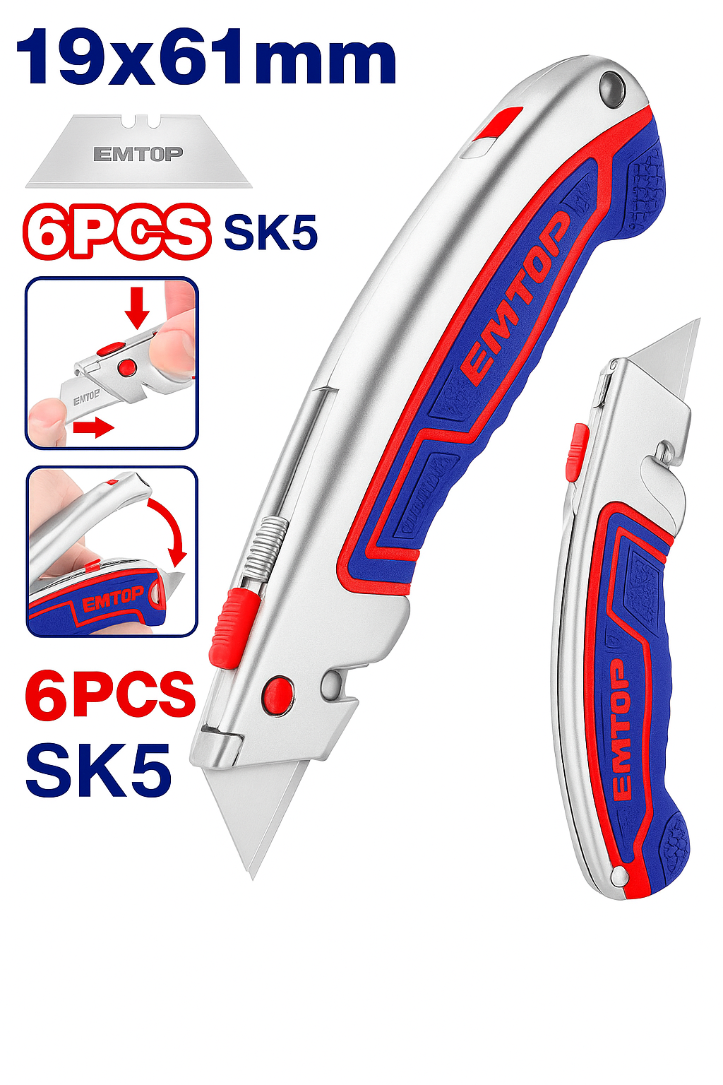 Cuchilla tipo utilitario con hoja SK5 de 61×19 mm e incluye 6 repuestos