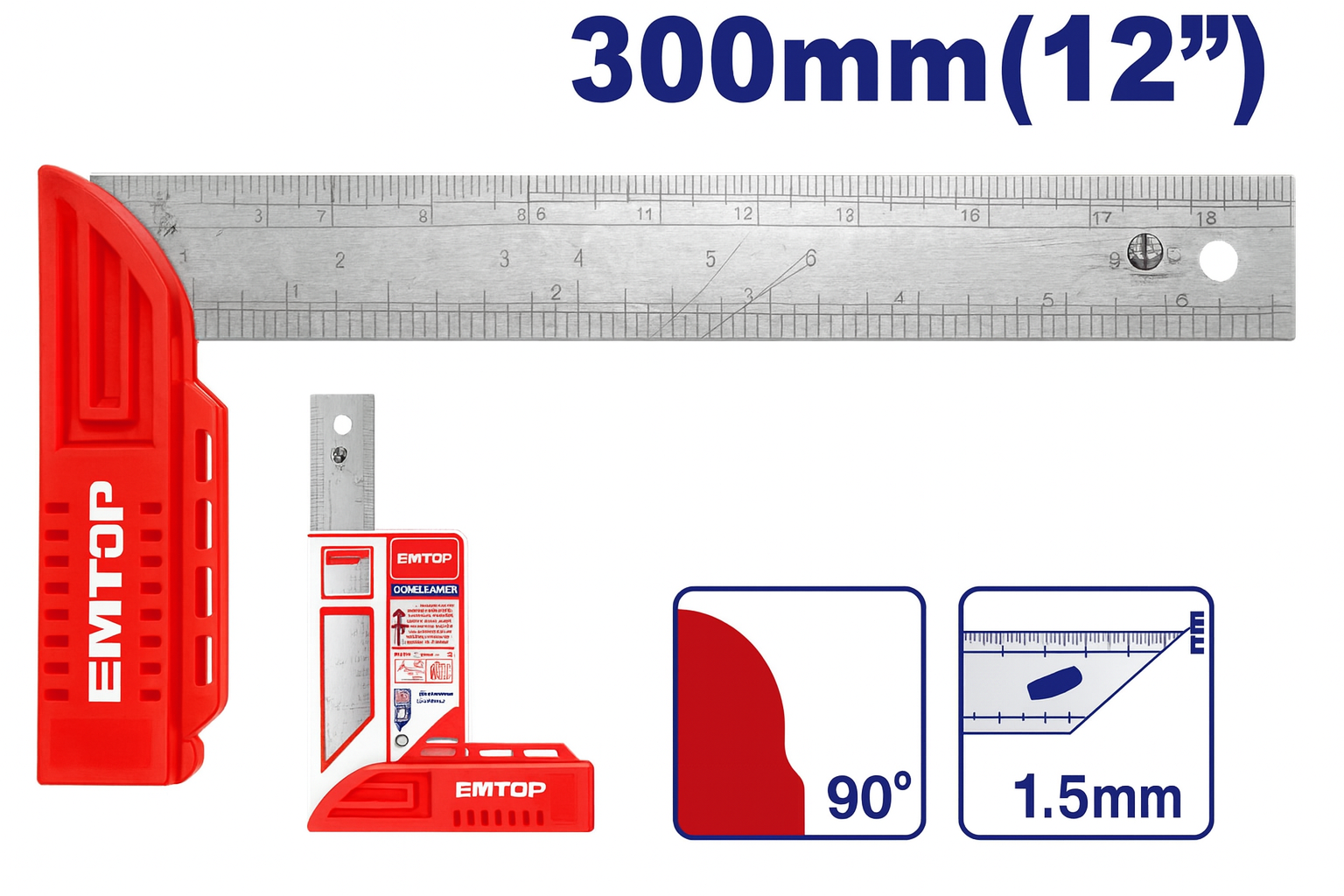Escuadra metálica de 300 mm (12") en acero inoxidable con mango de polímero y soporte lateral