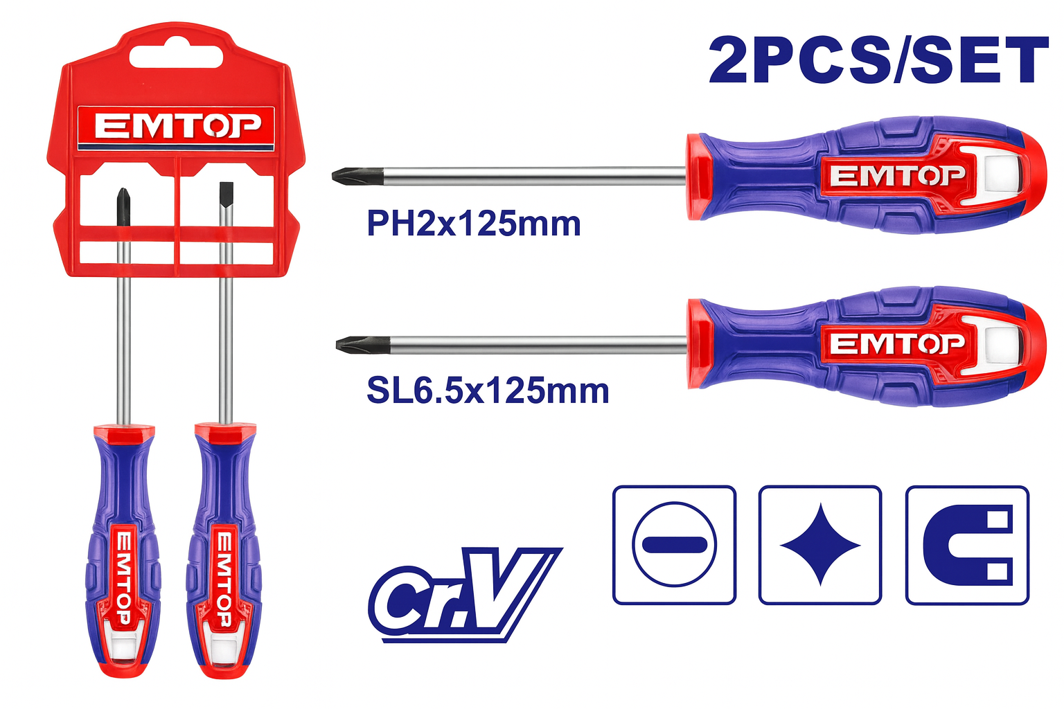 Juego de desarmadores plano y de cruz de 2 piezas Cr-V (125 mm)