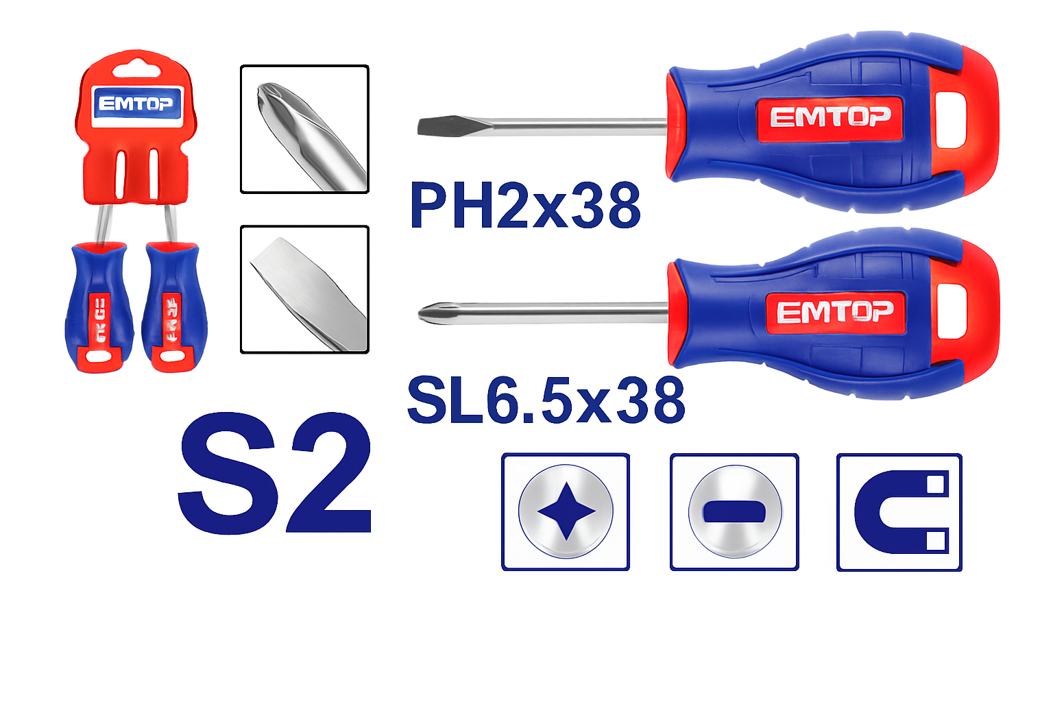 Juego de desarmadores corto plano y de cruz de 2 piezas S2 (38 mm)