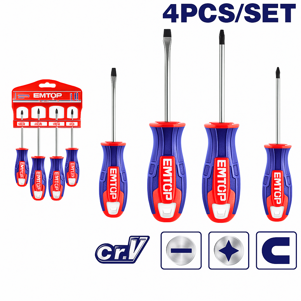 Juego de desarmadores plano y de cruz de 4 piezas Cr-V con mango ergonómico