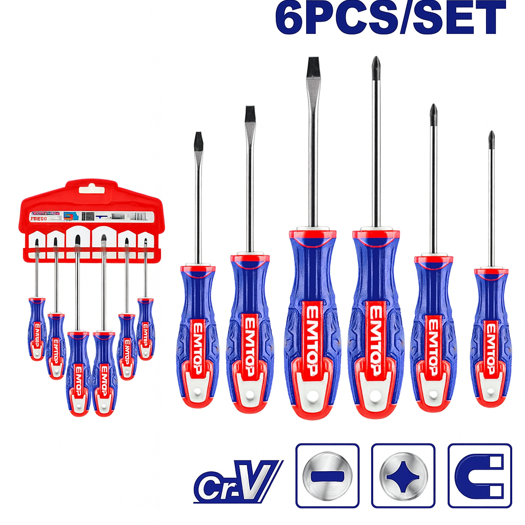 Juego de desarmadores plano y de cruz de 6 piezas Cr-V con mango ergonómico