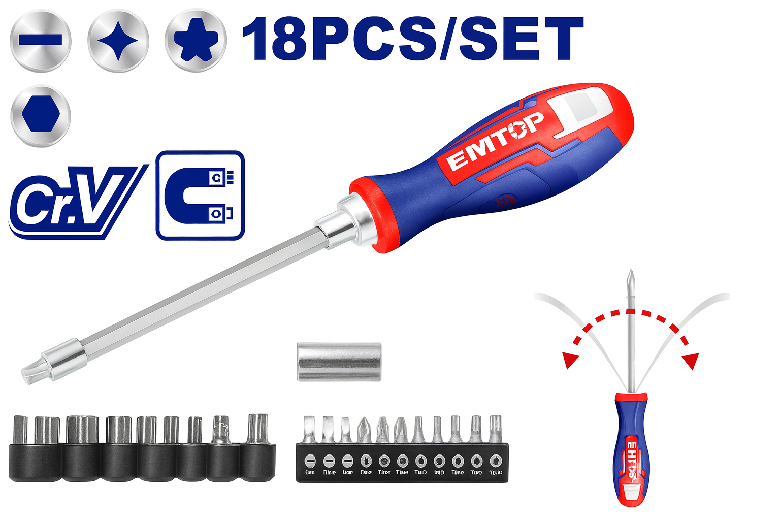 Juego de desarmador flexible de 18 piezas con copas y puntas intercambiables.