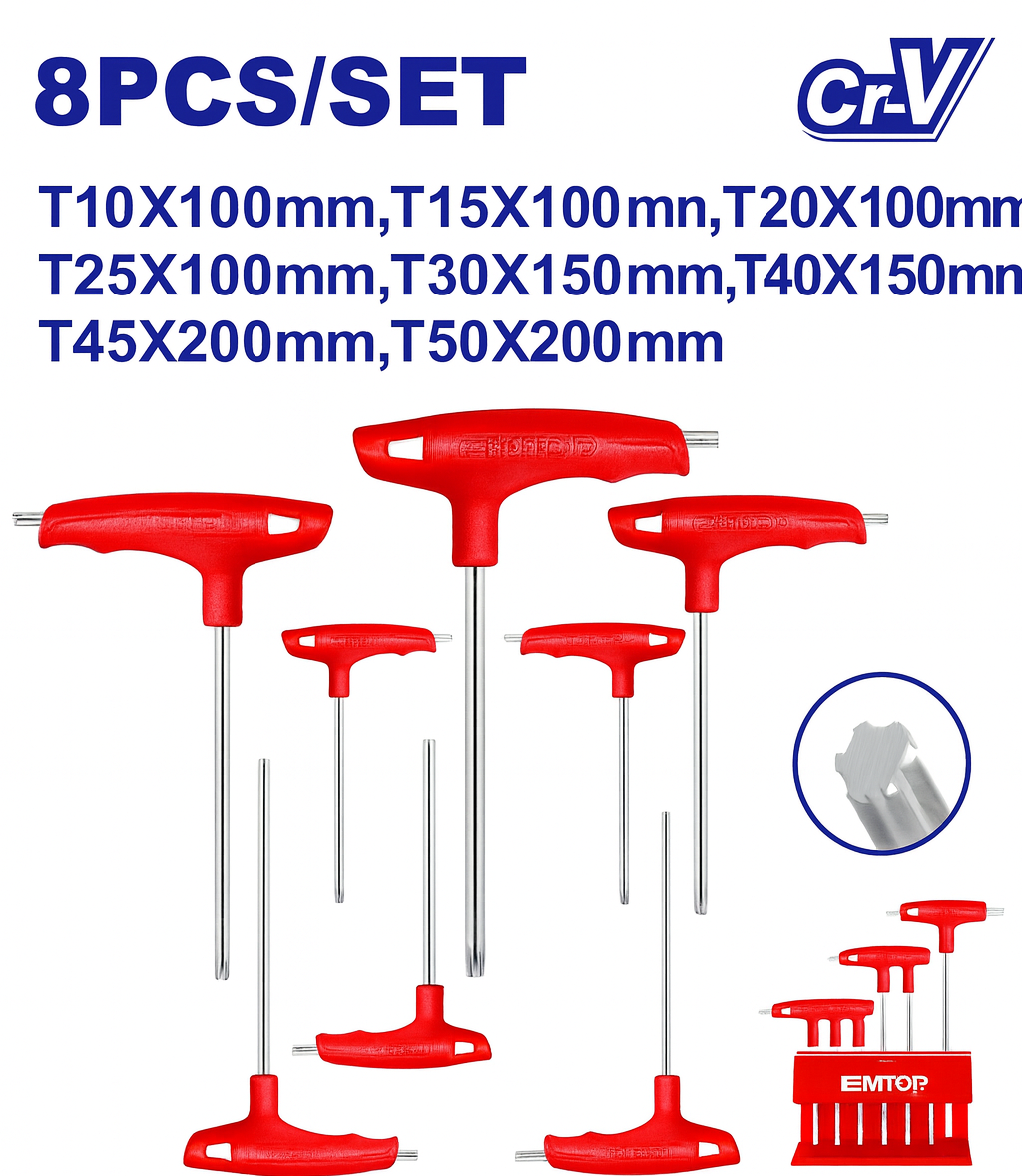Juego de llaves tipo Torx en T de 8 piezas Cr-V con tratamiento térmico y acabado cromado