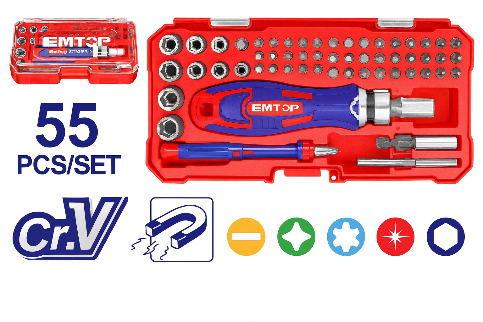 Juego de puntas y copas con matraca de 55 piezas en estuche plástico.