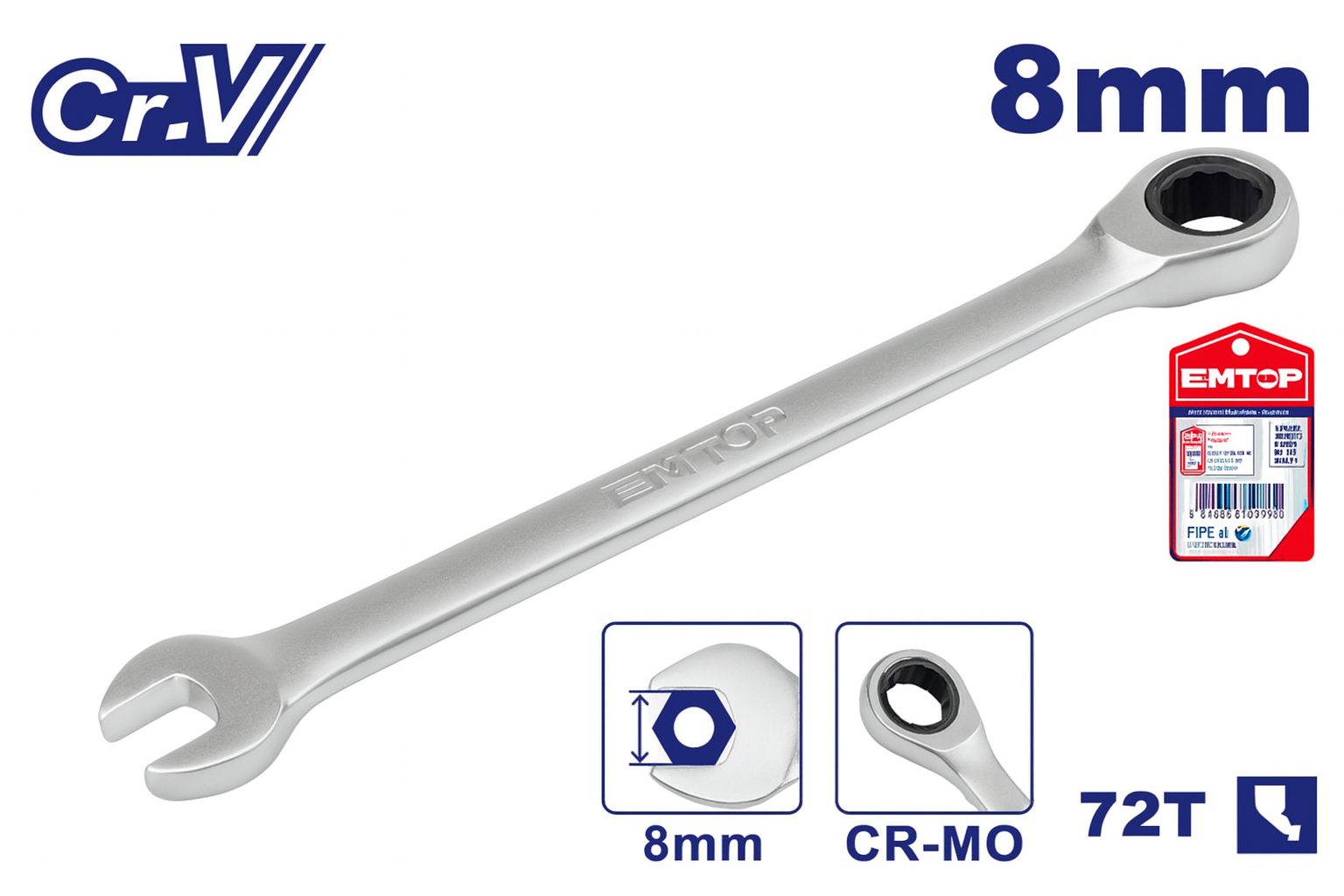 Llave combinada con trinquete de 8 mm Cr-V, 72 dientes y acabado cromado mate