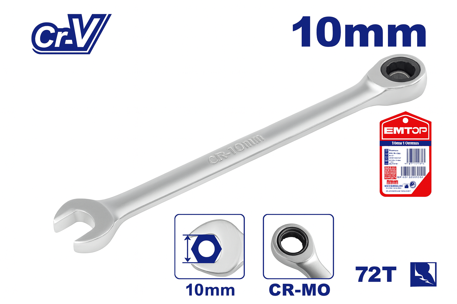 Llave combinada con carraca de 10 mm Cr-V, 72 dientes y acabado mate cromado