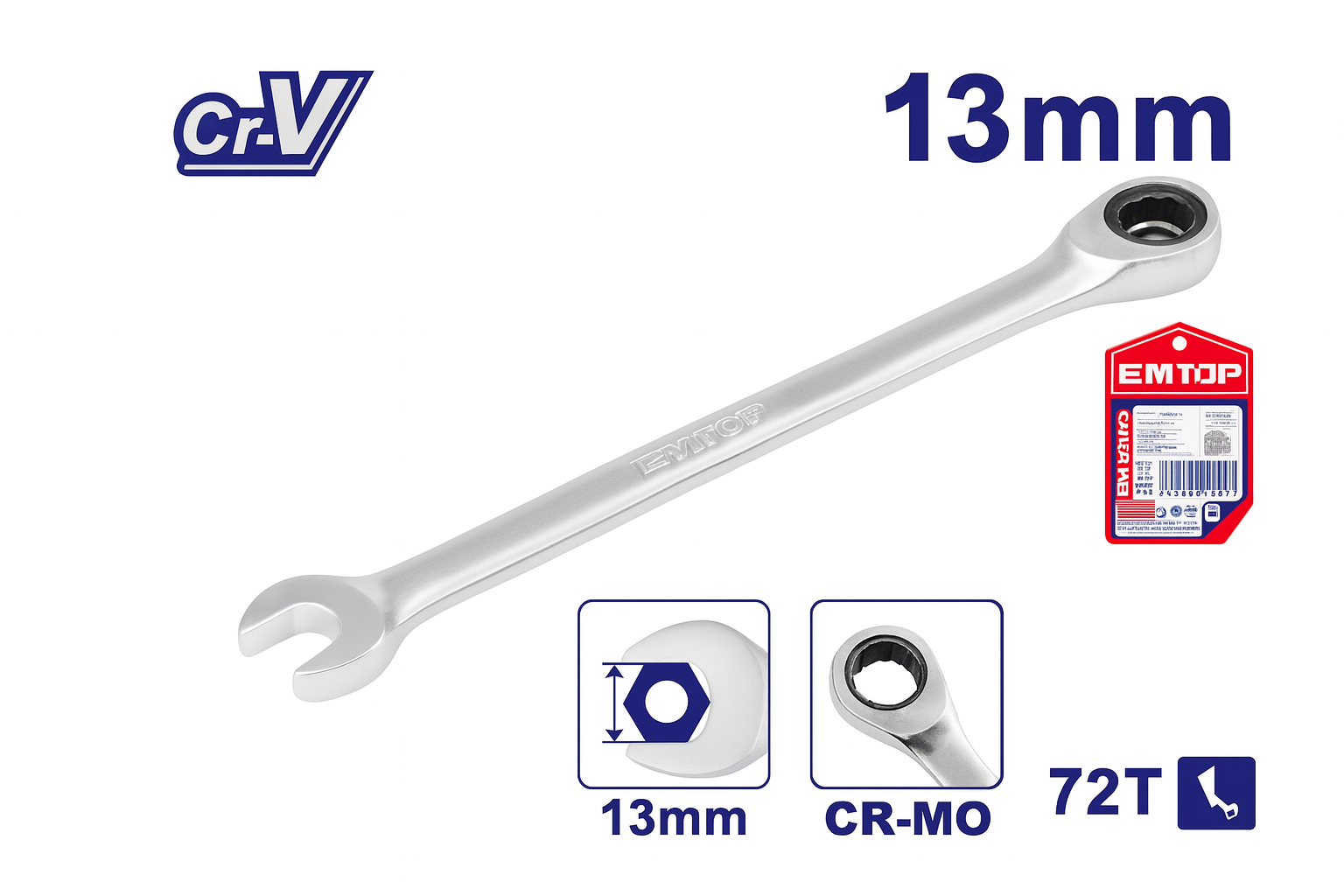 Llave combinada con matraca de 13 mm Cr-V, 72 dientes y acabado mate cromado