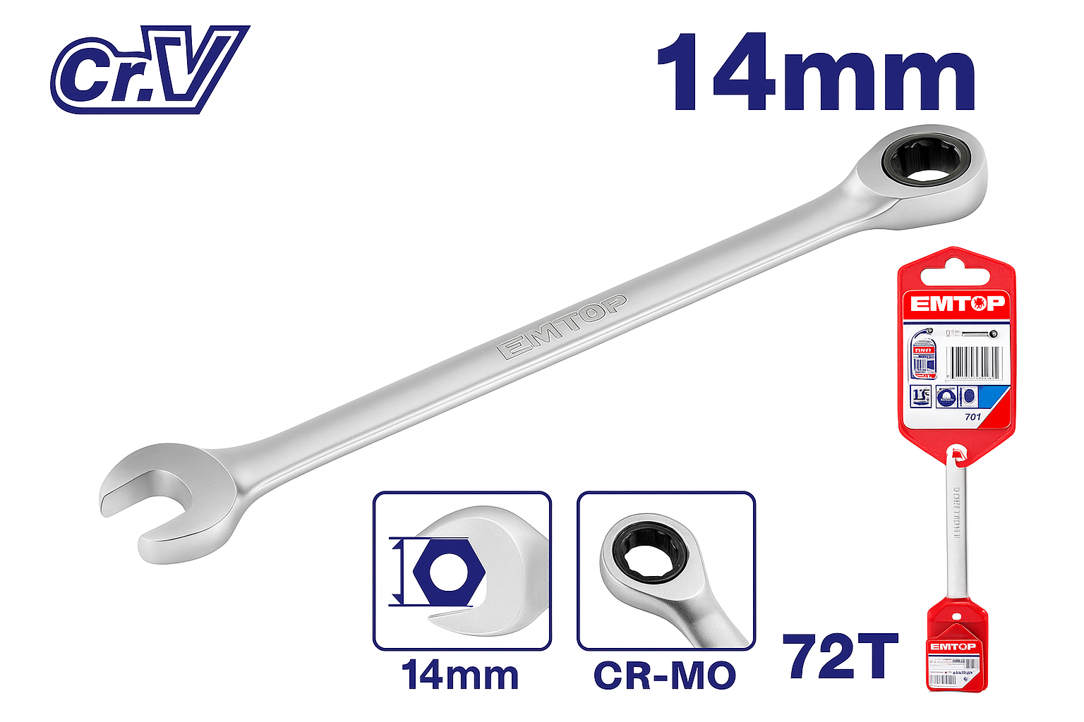 Llave combinada con carraca de 14 mm Cr-V, 72 dientes y acabado mate cromado