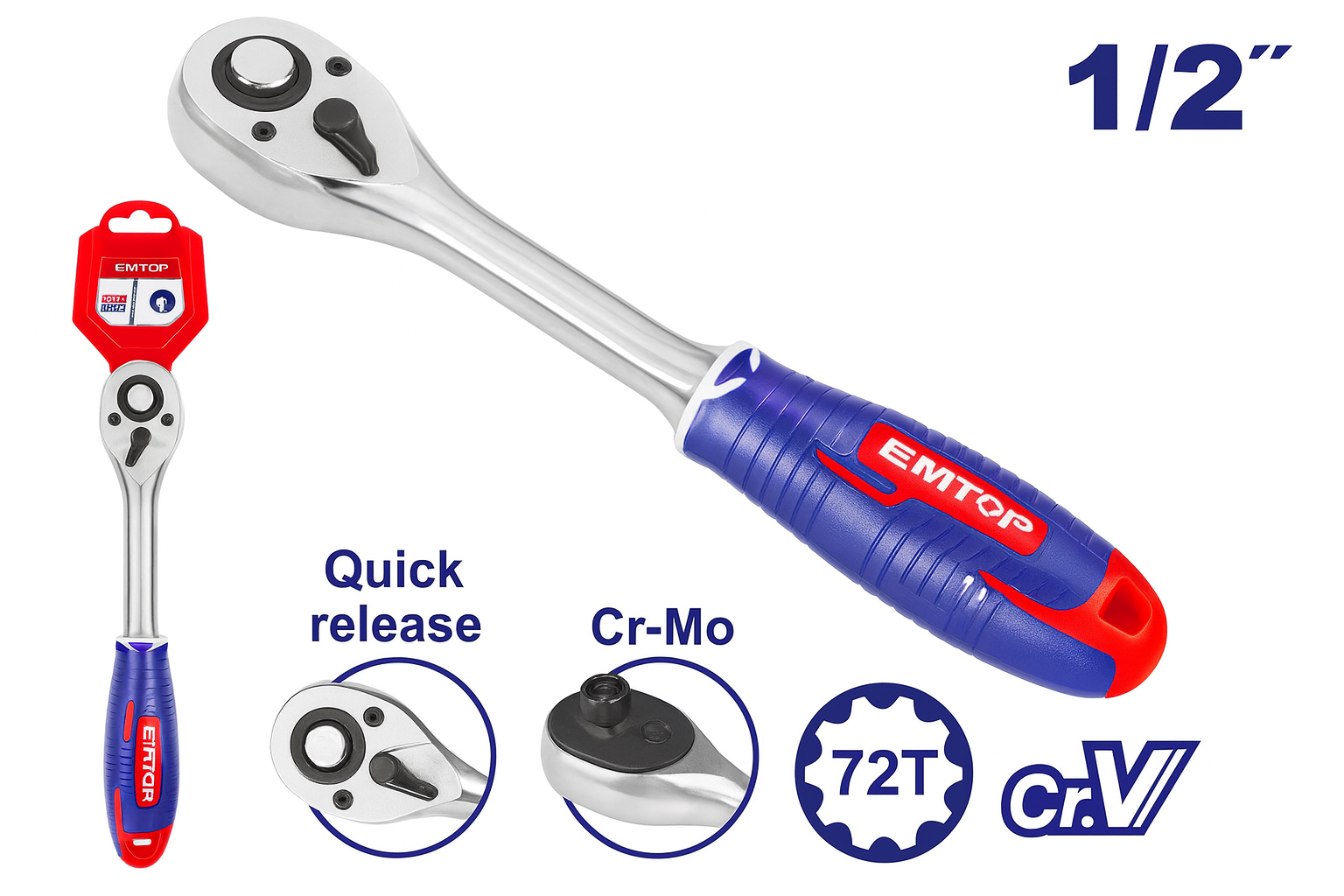 Llave de carraca de 1/2" (72 dientes) Cr-V + Cr-Mo con mango tricolor ergonómico