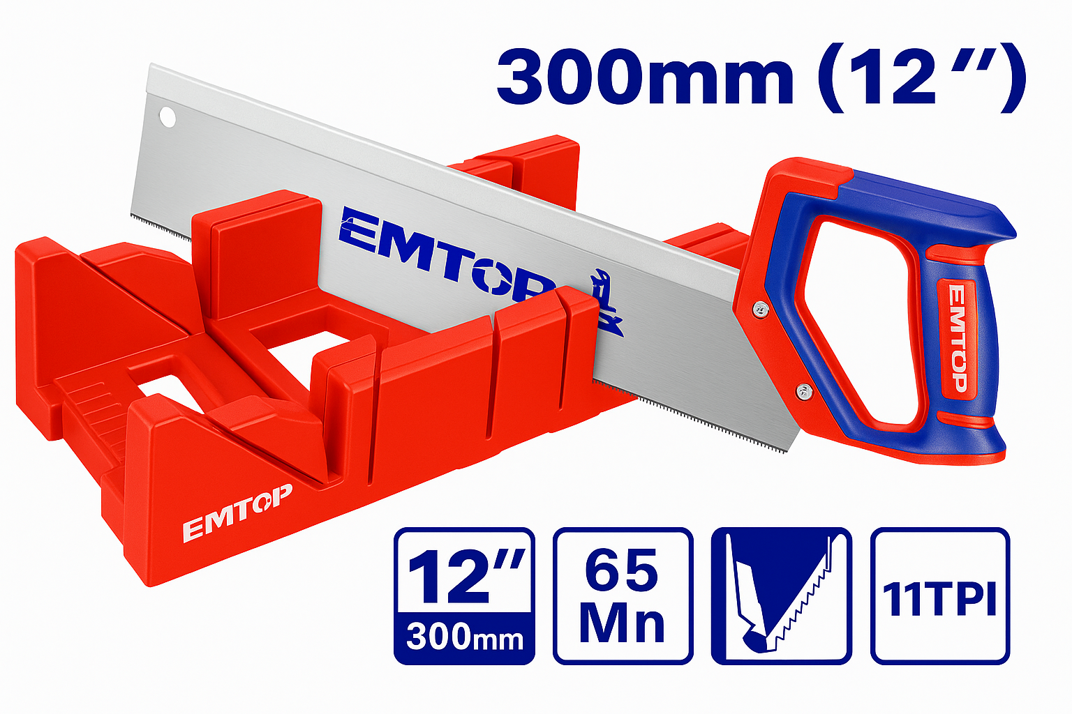 Juego de caja de ingletes plástico con sierra de costilla de 12" (300 mm) y mango ergonómico