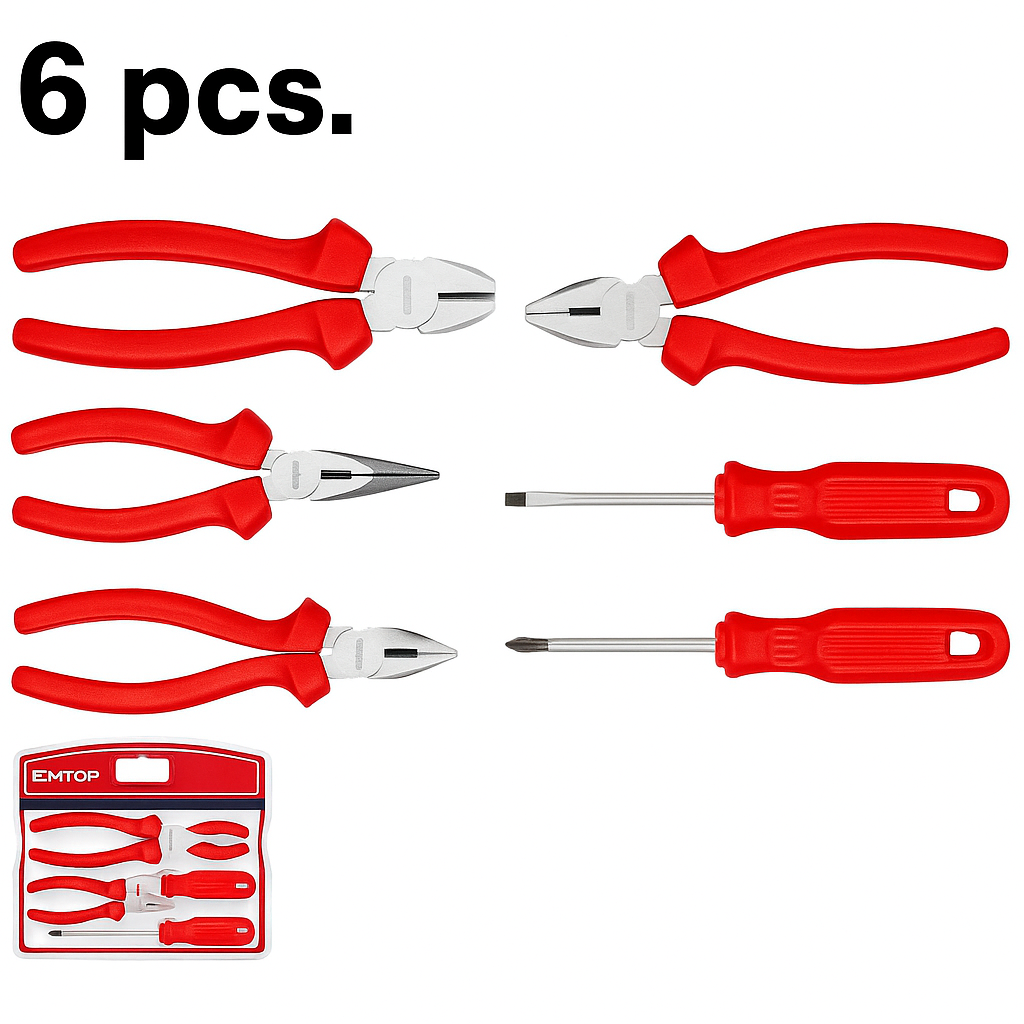 Juego de herramientas de 5 piezas con pinzas y desarmadores de mango monocolor.