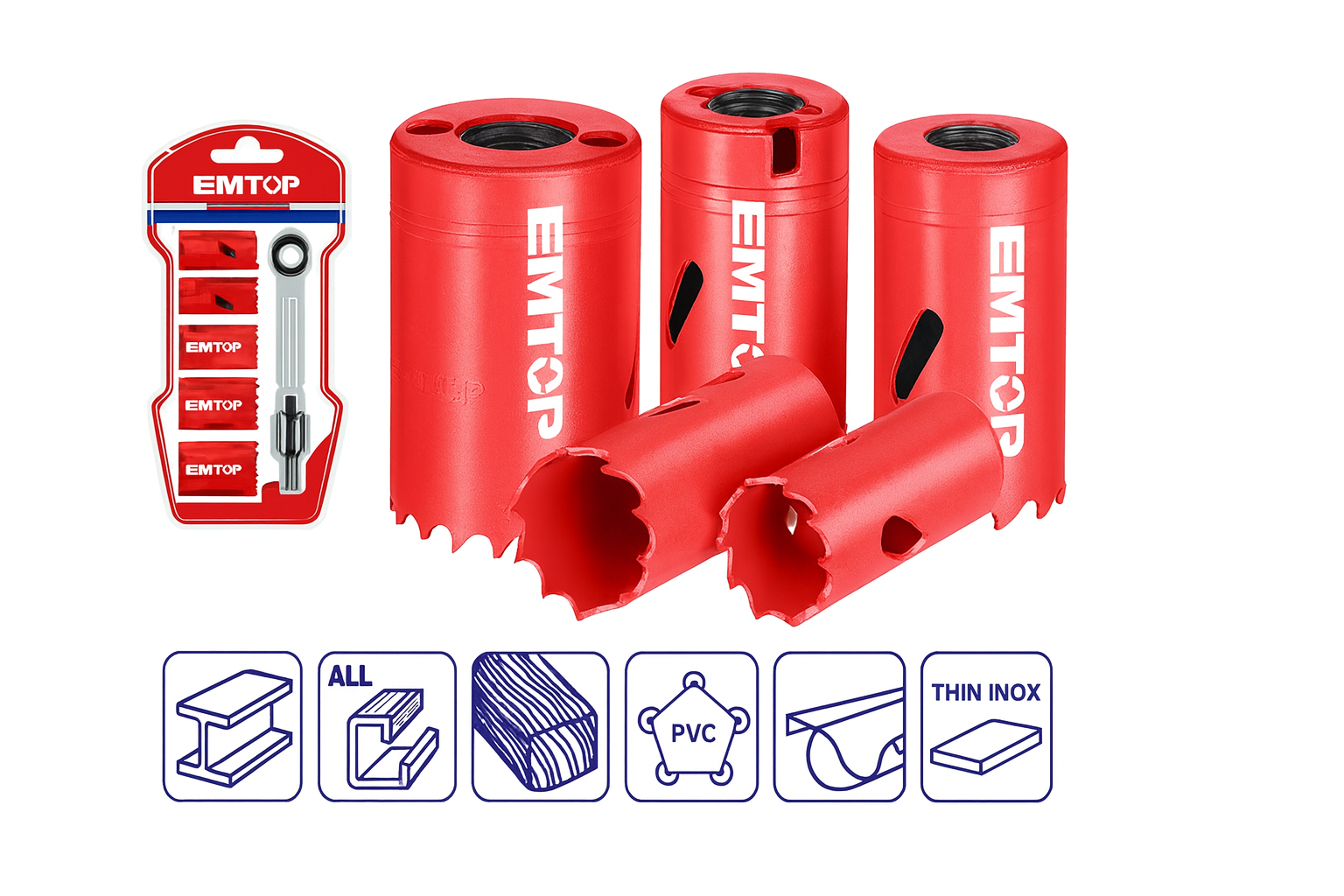 Set de sierras copa bimetálicas EMTOP con adaptador y mandril