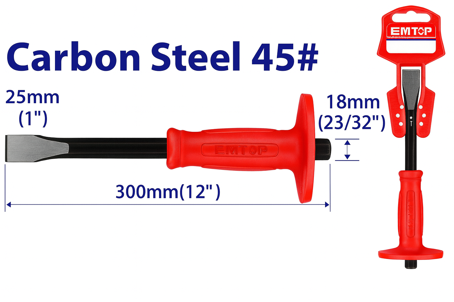 Cincel de corte frío con grip de 25 x 300 mm en acero al carbono 45#
