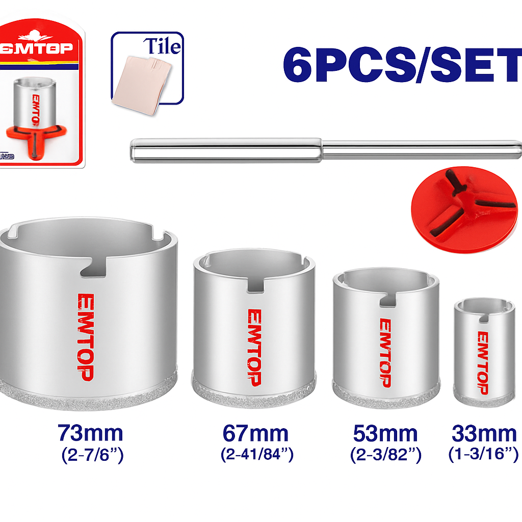 Juego de sierras copa EMTOP con filo de carburo 6 piezas (33–73 mm) con guía de broca y placa de centrado.