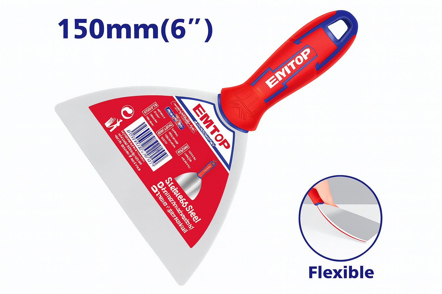 Espátula para masilla de 150 mm (6") en acero inoxidable con mango bicolor
