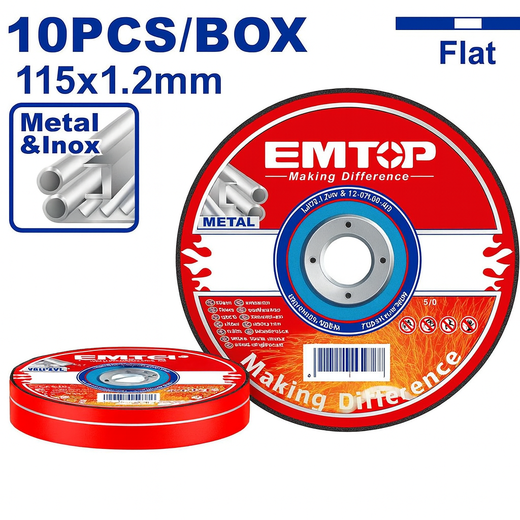 Set de 10 discos de corte EMTOP para metal e inoxidable 115 mm x 1.2 mm x 22.2 mm (centro plano) en caja metálica