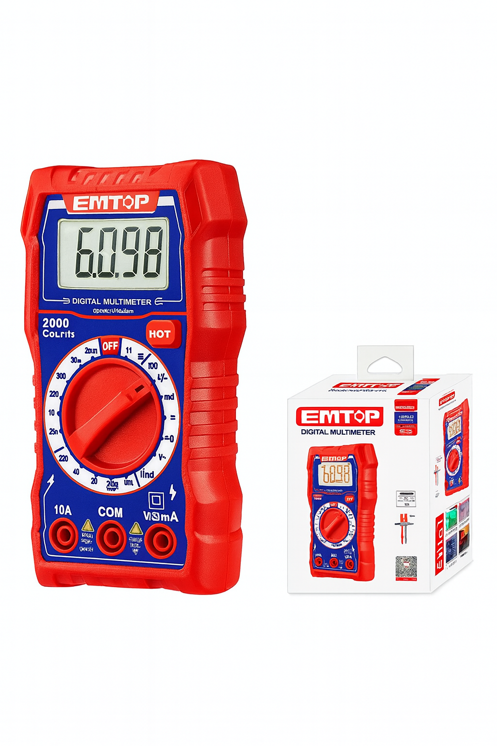 Multímetro digital EMTOP 2000 cuentas con pantalla LCD y medición de voltaje, corriente y resistencia