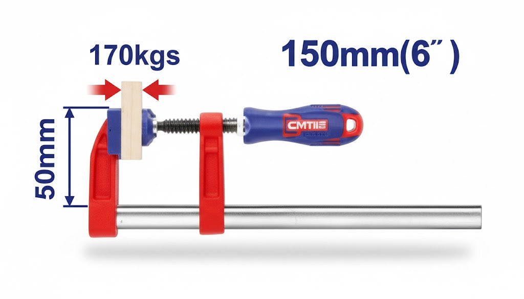Prensa tipo F de 50×150 mm con mango plástico y fuerza máxima de sujeción de 170 kg