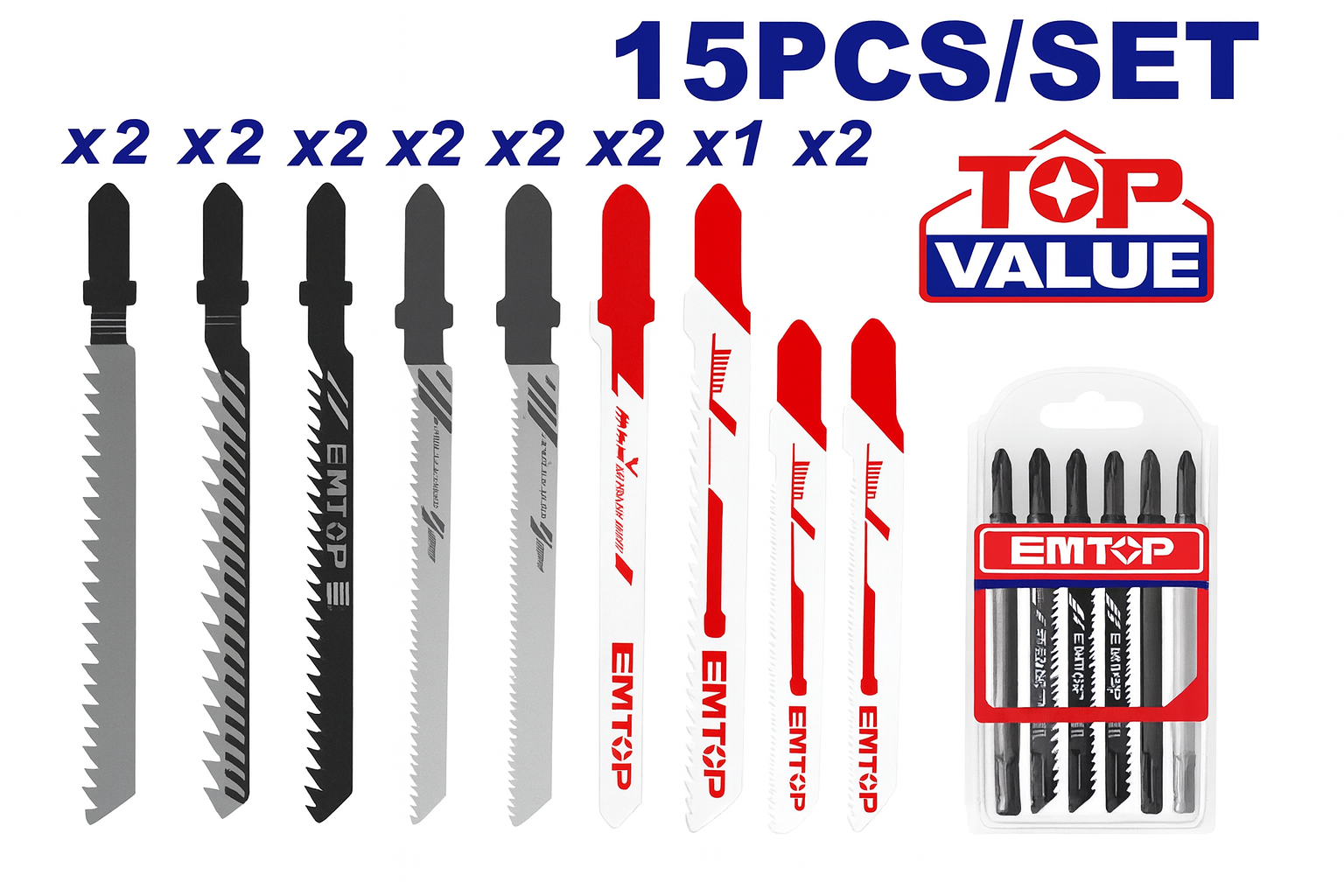 Set de hojas para sierra caladora EMTOP 15 piezas mixtas HSS, BIM y HCS con estuche plástico.