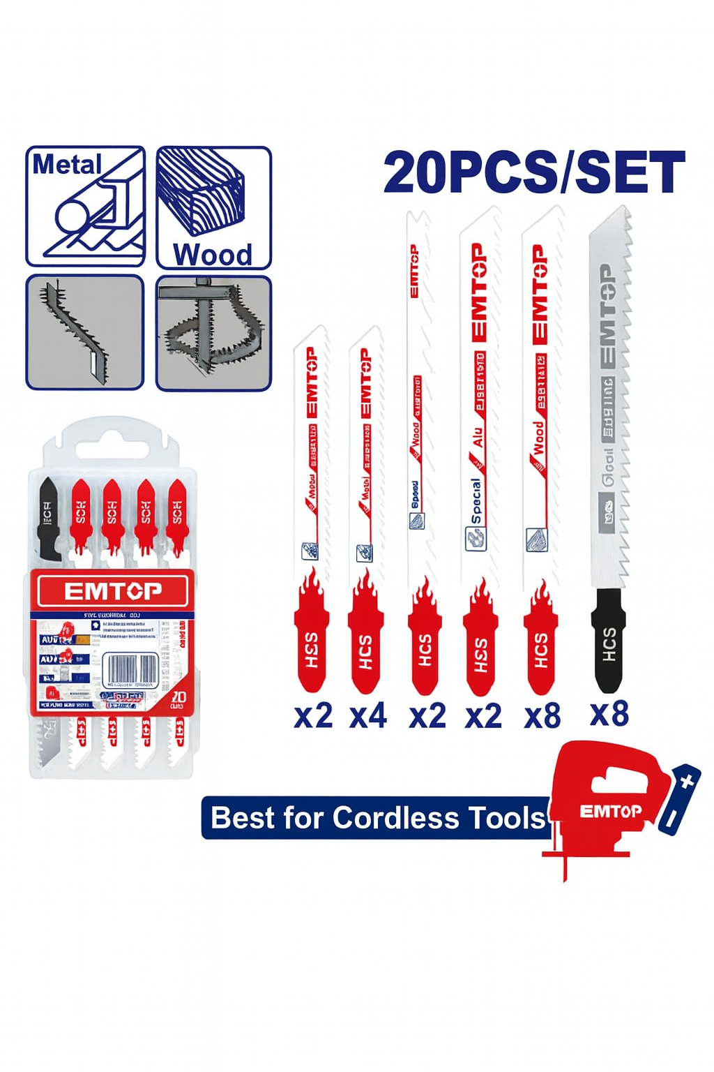 Set de hojas para sierra caladora EMTOP 20 piezas mixtas para madera, metal y aluminio con estuche plástico