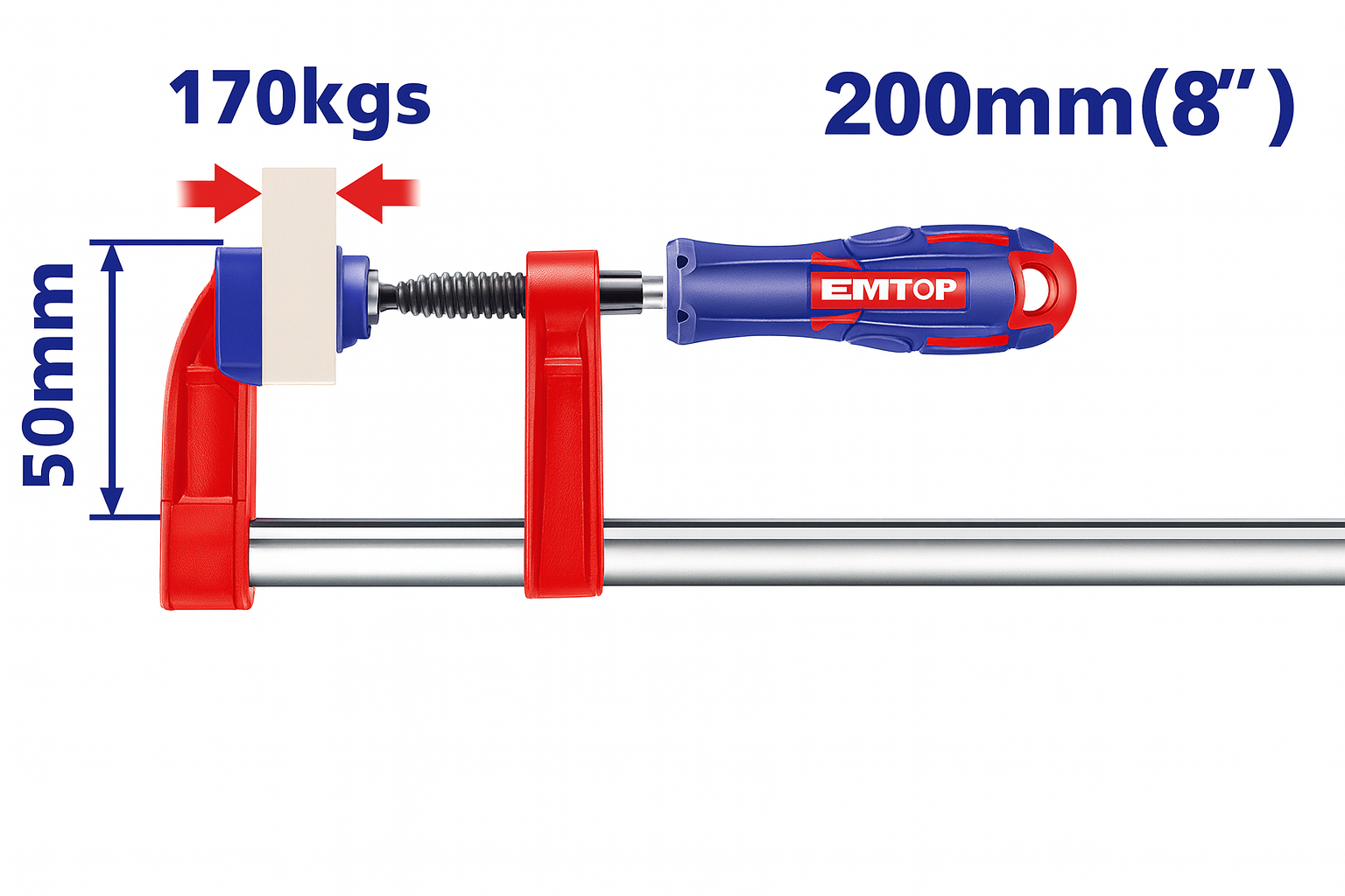 Prensa tipo F de 50×250 mm con mango plástico y fuerza máxima de sujeción de 170 kg