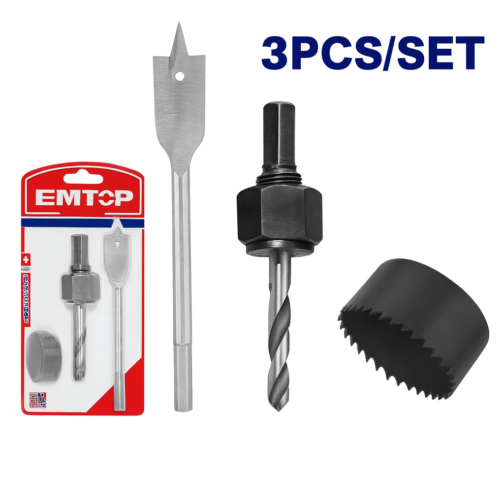 Título mejorado en español: Set de sierras copa EMTOP para instalación de cerraduras 3 piezas (54 mm + broca plana + adaptador)