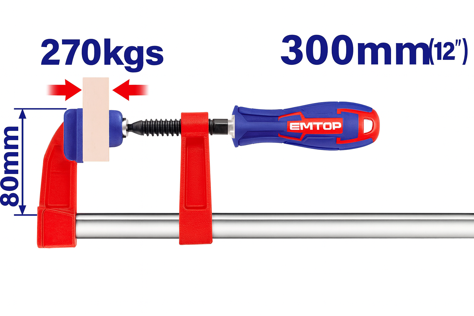 Prensa tipo F de 80×300 mm con mango plástico y fuerza máxima de sujeción de 270 kg