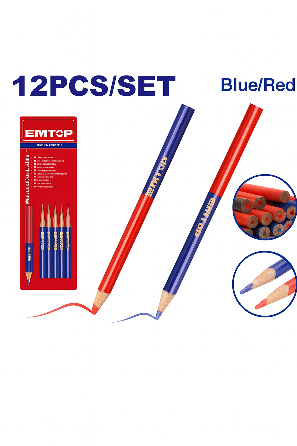 Lápiz de carpintero bicolor EMTOP rojo y azul 12 piezas (ovalado 176 mm)