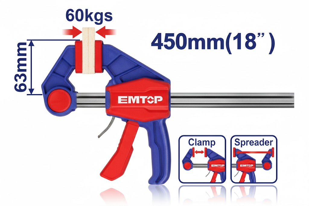 Prensa rápida de 63×450 mm con fuerza máxima de sujeción de 60 kg