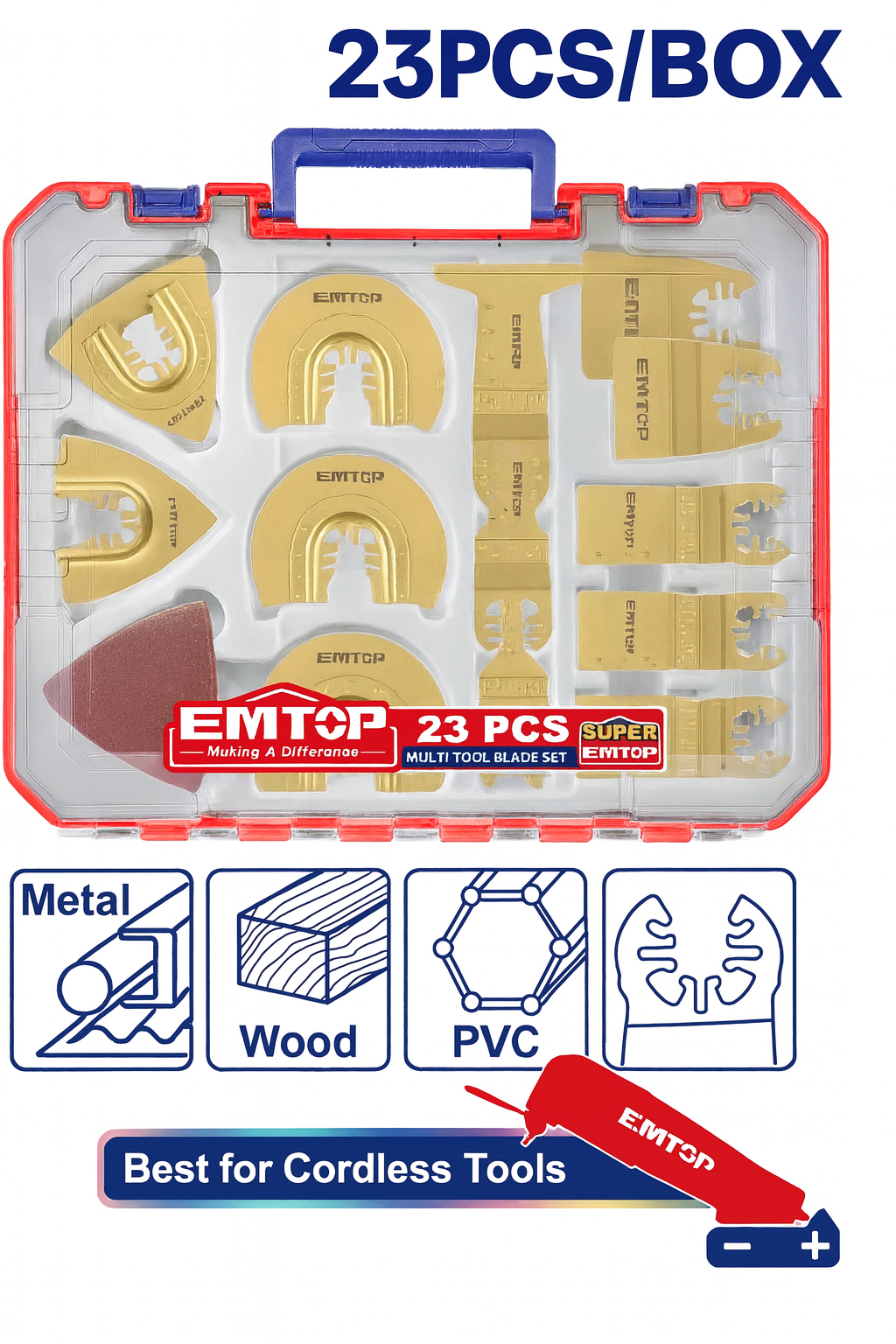 Set de hojas y accesorios EMTOP para herramienta multifuncional oscilante 23 piezas con estuche plástico