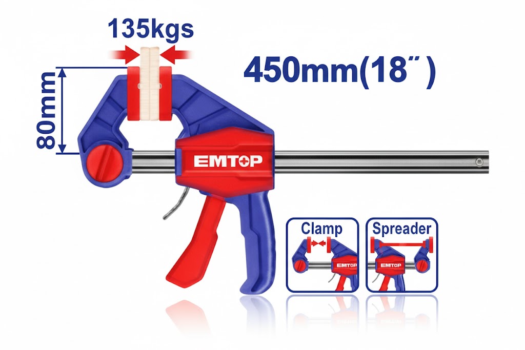Prensa rápida de 80×450 mm con fuerza máxima de sujeción de 135 kg