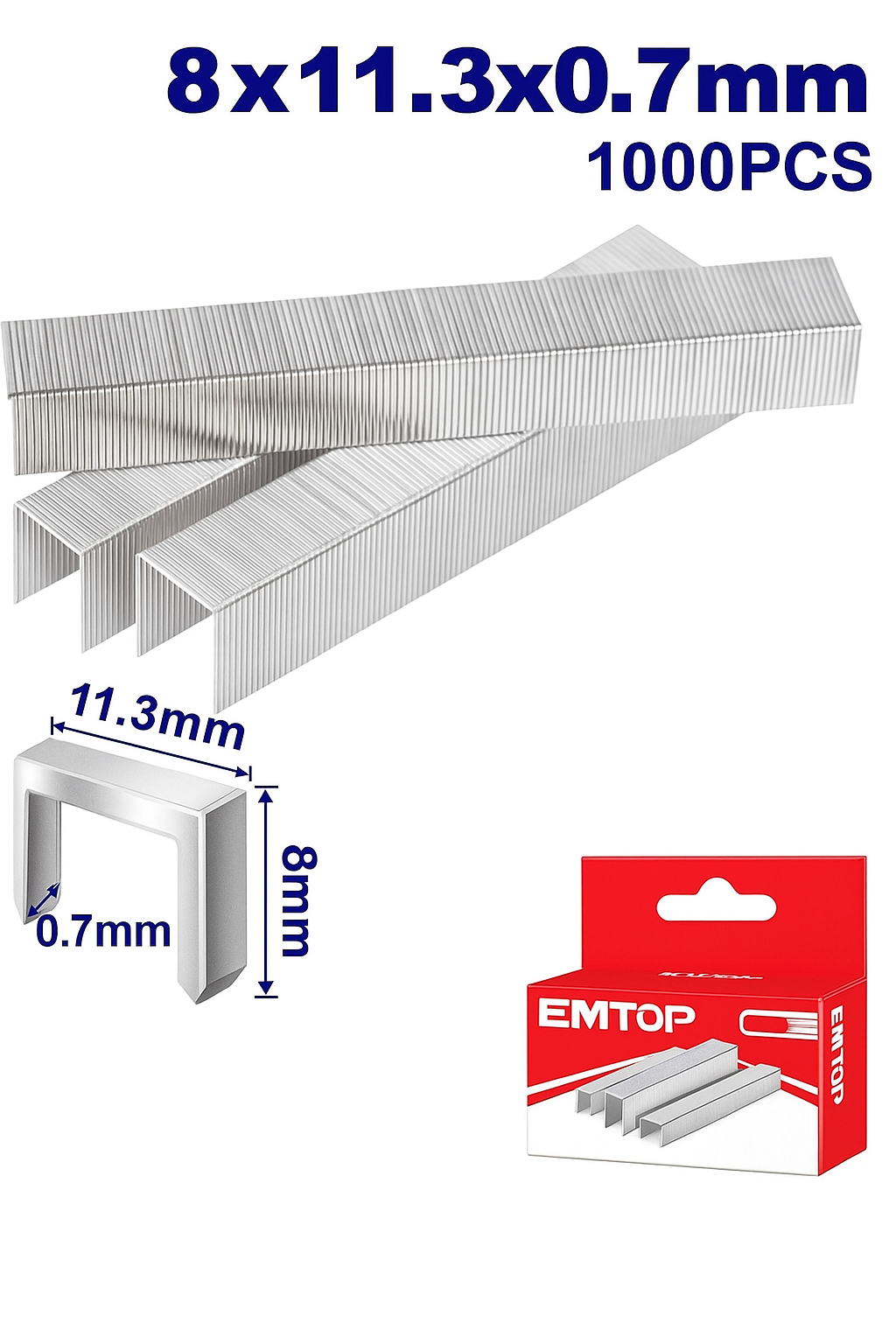 Grapas EMTOP 8 mm x 11.3 mm (1000 piezas) para engrapadora manual o eléctrica