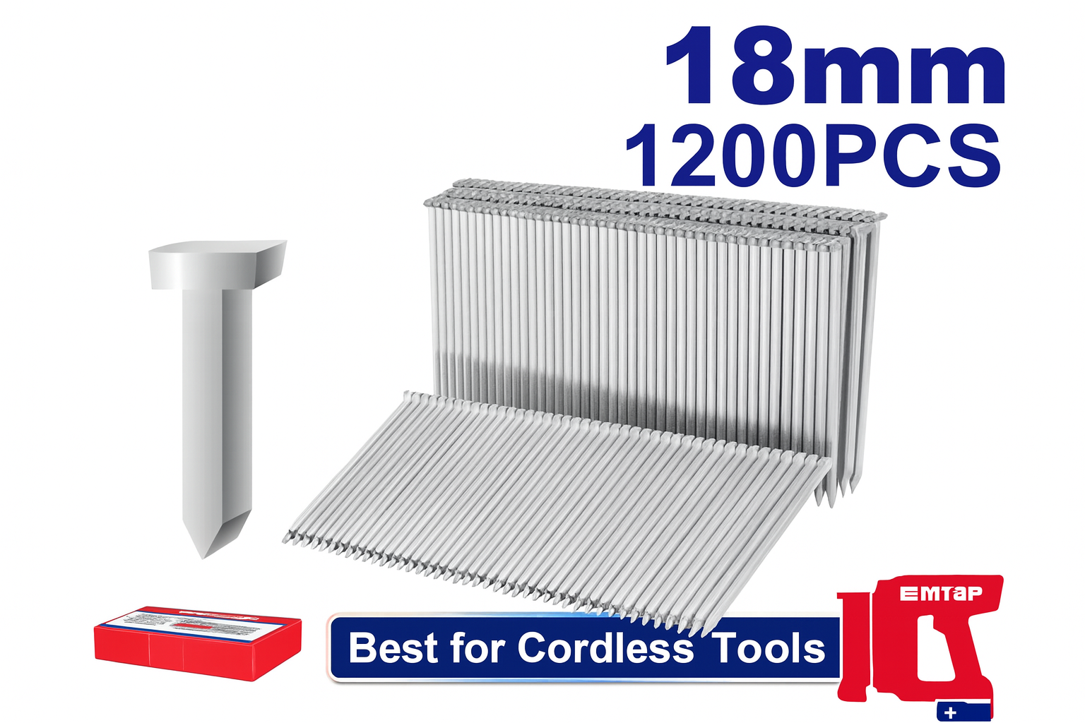 Clavos EMTOP para concreto 18 mm (1200 piezas) en caja plástica.