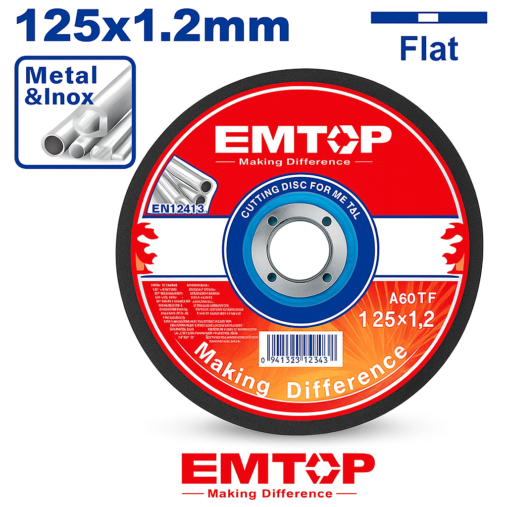 Disco de corte EMTOP para metal e inoxidable 125 mm x 1.2 mm x 22.2 mm (centro plano)