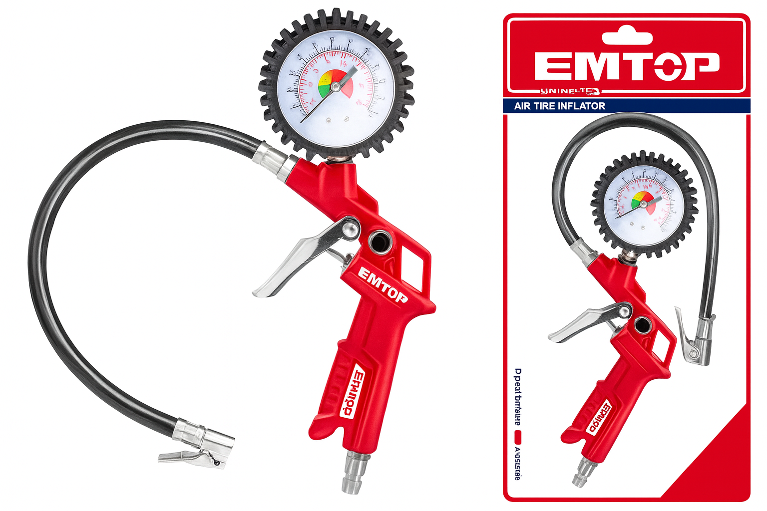 Pistola infladora de llantas EMTOP 120 PSI con manómetro y conectores universales