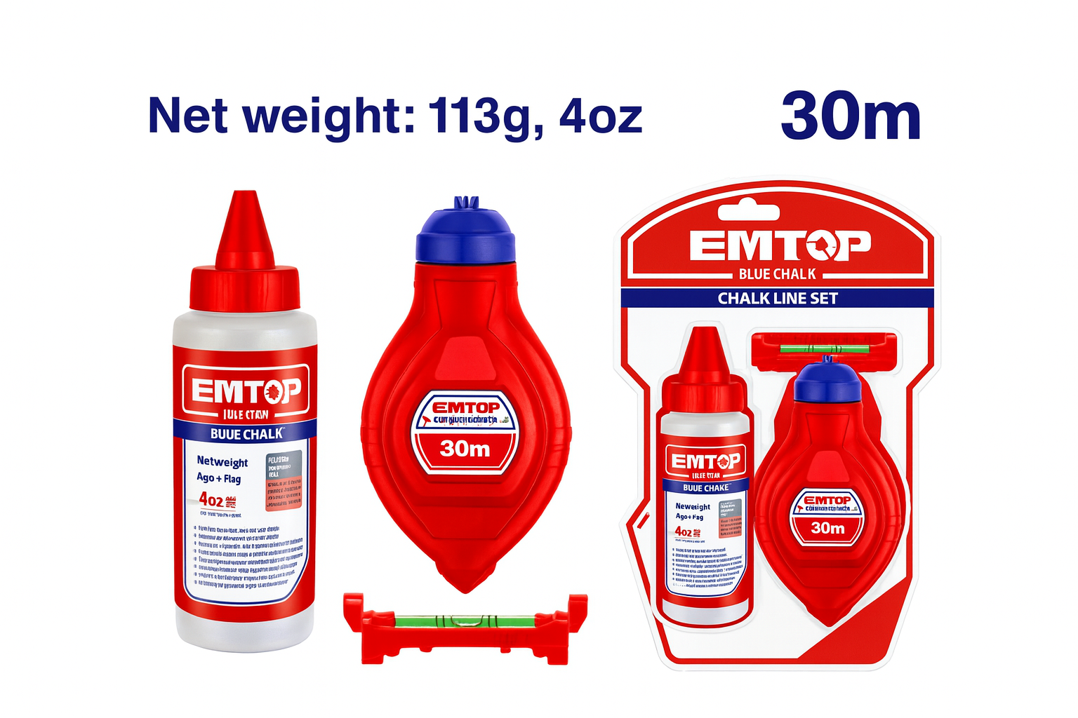 Tiralínea de 30 m con botella de polvo azul y nivel de burbuja