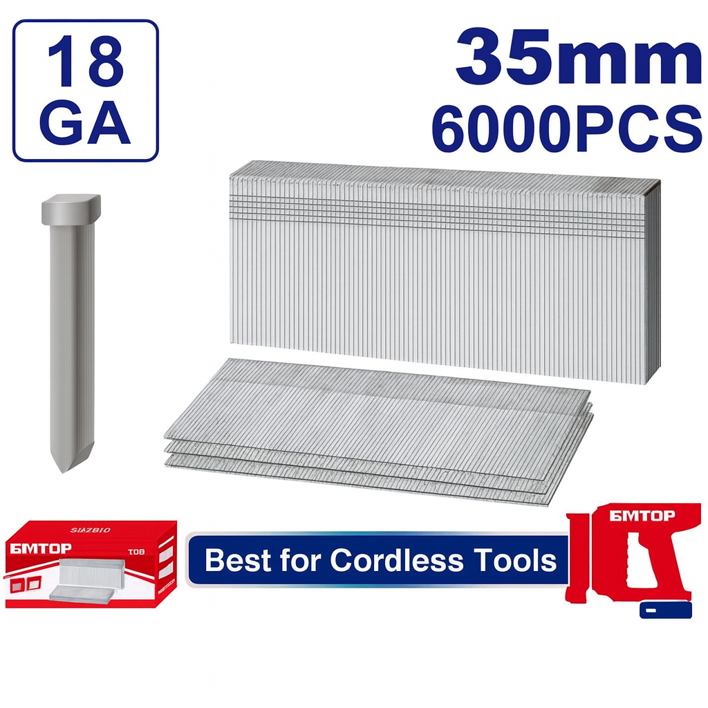 Clavos tipo brad EMTOP 35 mm calibre 18 (6000 piezas) para clavadora neumática o eléctrica