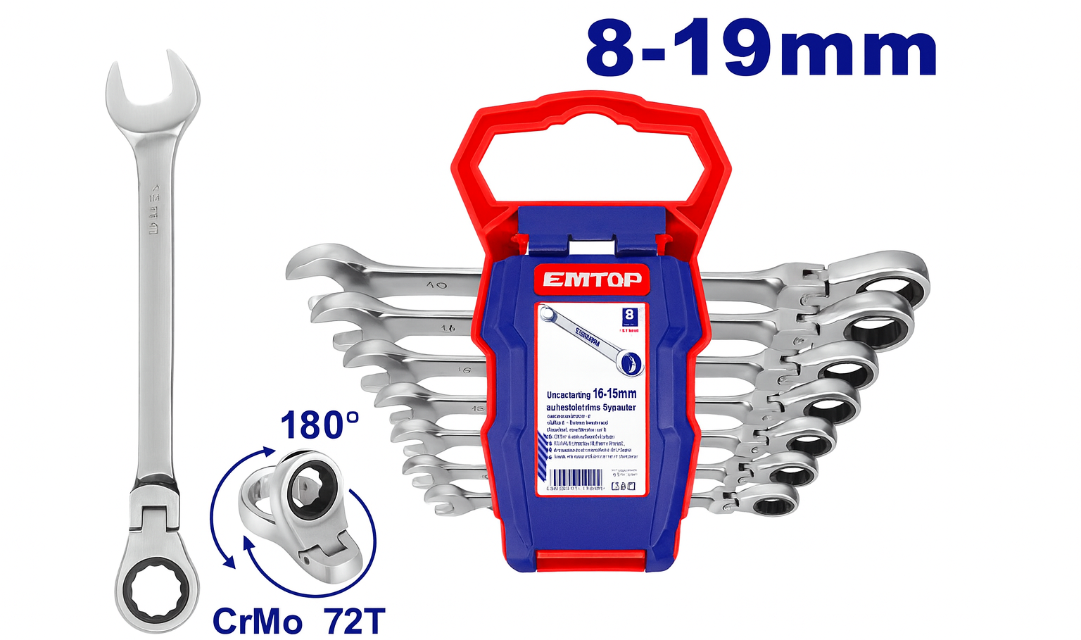 Juego de llaves combinadas con matraca flexible de 8 piezas (8–19 mm) Cr-V pulido